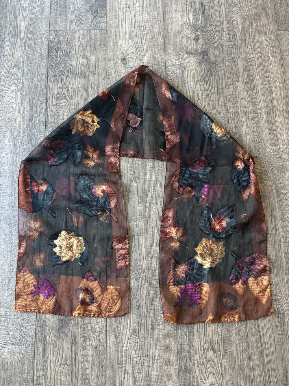 Liz Claiborne Black Sheer Floral Scarf with Bronze and Purple Accents